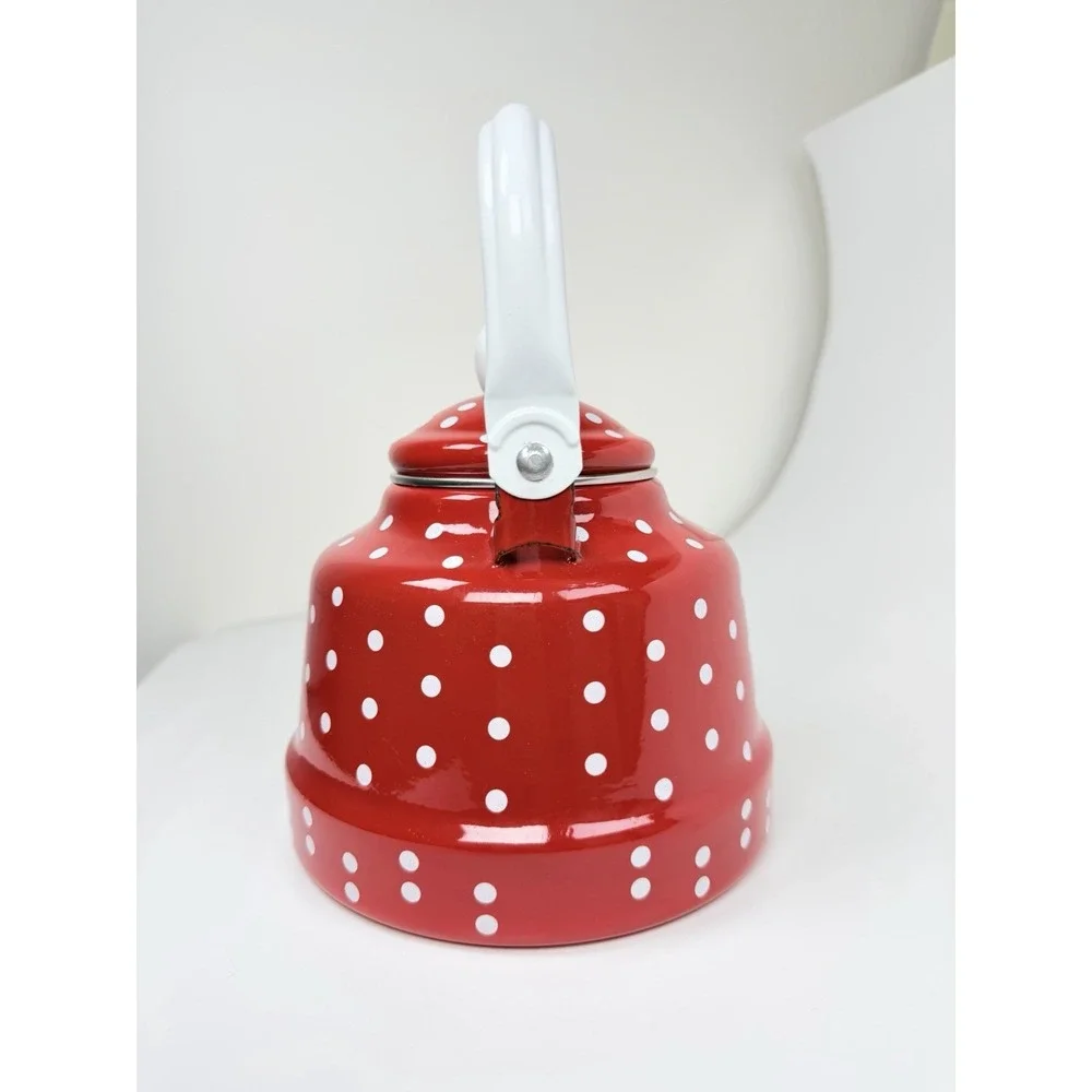 1L Red White Polka Dot Enamel Tea Kettle Teapot w/ Lid Stovetop Water Boiler